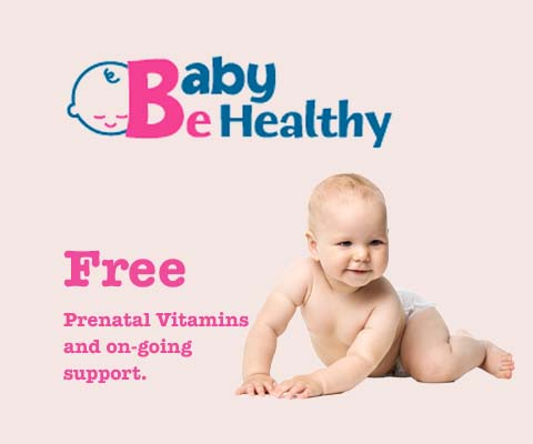 Text reading "Baby Be Healthy for free prenatal vitamins and ongoing support.".