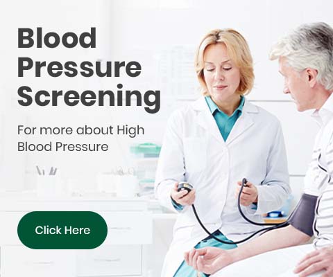 An image showing a doctor checking her patient's blood pressure, text reading: Blood Pressure Screening.