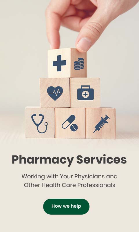 A picture displaying a hand arranging cubes into a pyramid with text reading: Pharmacy Services.