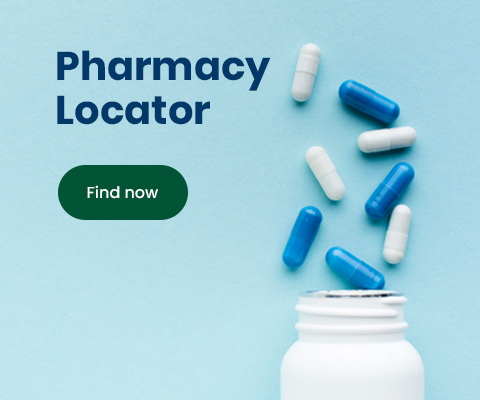 An image showing some medicines coming out of a container with text reading: Pharmacy Locator.