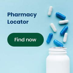 An image showing some medicines coming out of a container with text reading: Pharmacy Locator.