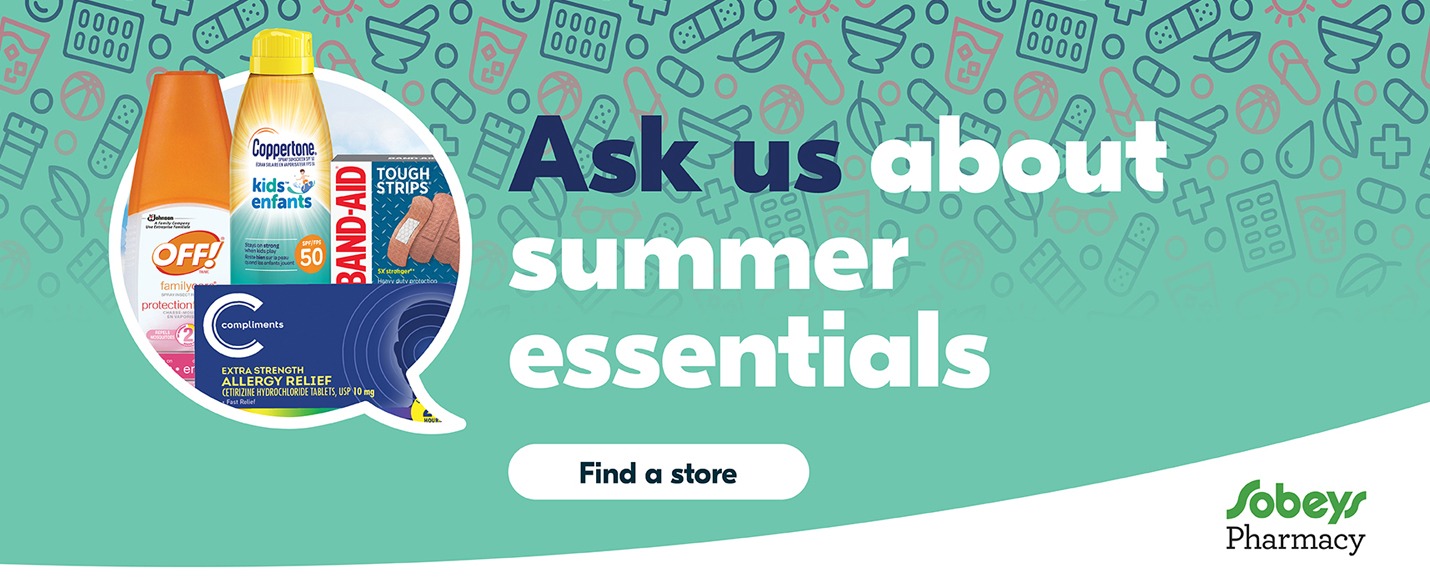 Text Reading 'Ask us about your summer essentials. 'Find a store' from the button given below.'
