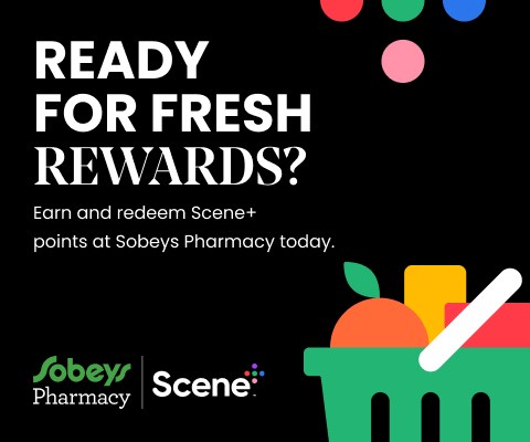 "Text Reading 'Ready for fresh rewards? Earn and redeem Scene+ points at Sobeys Pharmacy today.'"