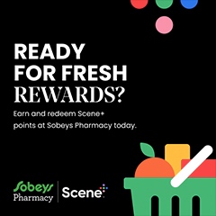 "Text Reading 'Ready for fresh rewards? Earn and redeem Scene+ points at Sobeys Pharmacy today.'"